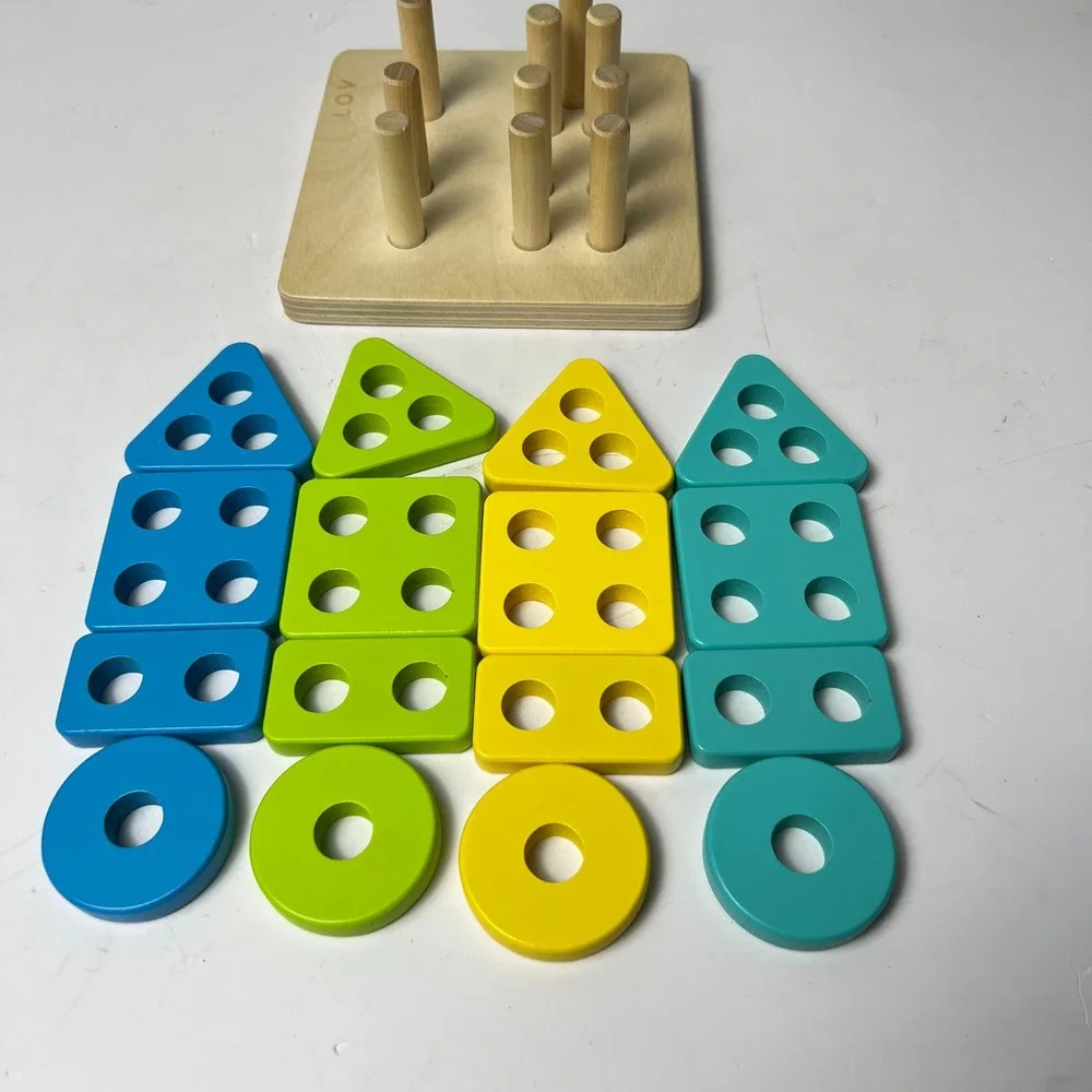 Lovevery Wooden Geometric Peg Puzzle Toddler Multicolor Montessori Stacker Toy